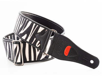 Courroie modèle ZEBRA, synthétique, rembourrée, largeur 6 cm, longueur 95 à 150 cm, porte-médiators intégré, zèbre