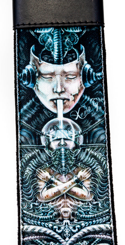 Courroie modèle SEVEN, extérieur tissu, largeur 6 cm, longueur 100 à 145 cm, porte-médiators intégré, unic (sept péchés)