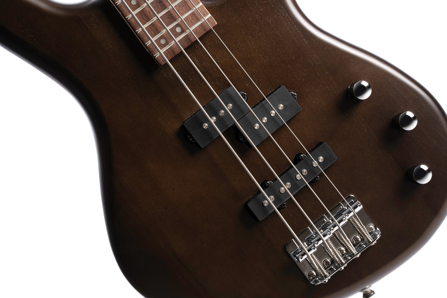 Action PJ, 4 cordes, corps peuplier, micros PJ Powersound, électronique passive, noyer pores ouverts