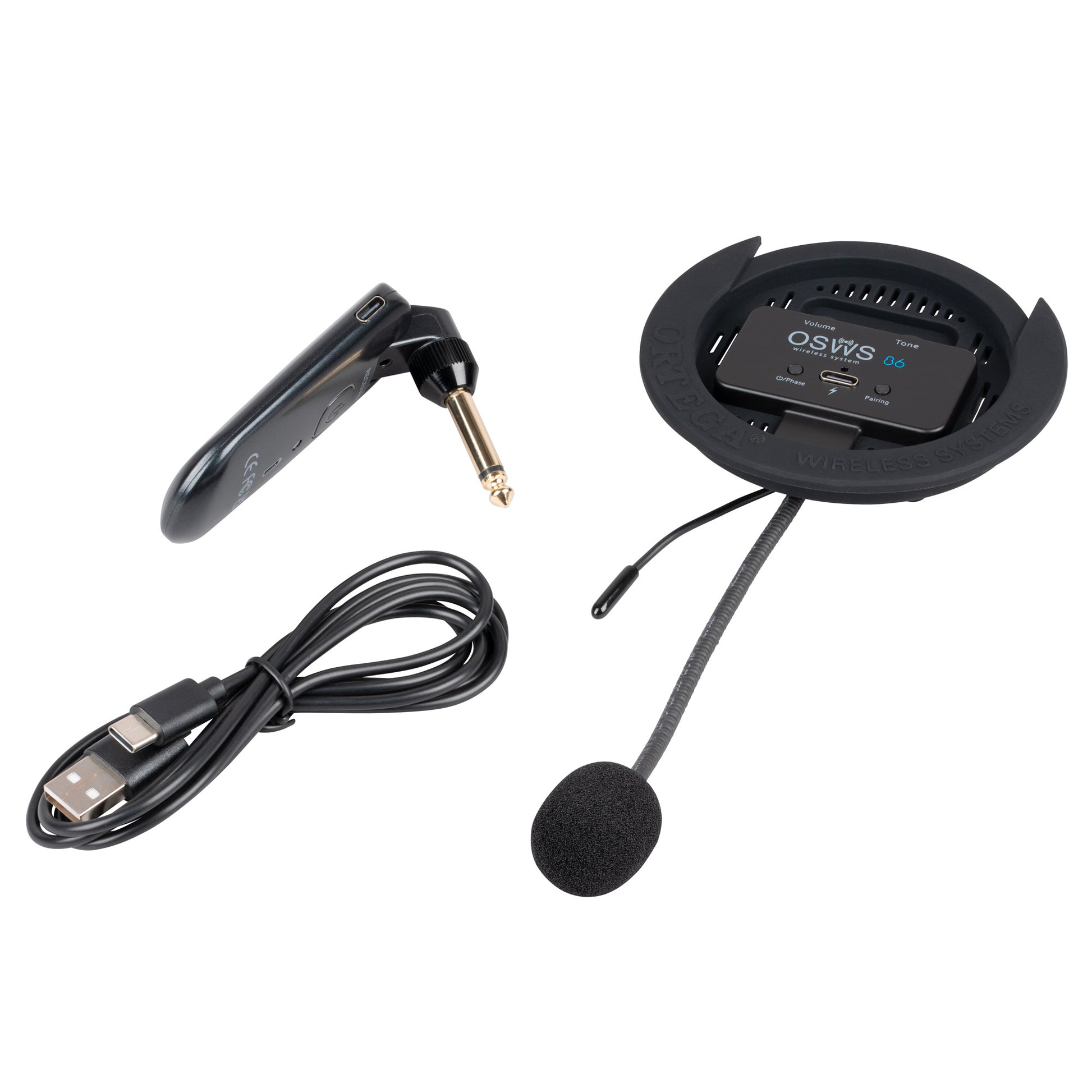 OSWS86, système de micro sans fil pour guitare classique (rosace 86 mm), micro col de cygne, avec récepteur sans-fil, noir