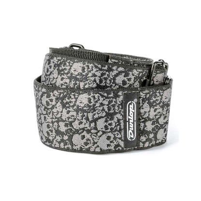 Courroie jacquard modèle CATACOMB, extrémités cuir, largeur 5 cm, noir et gris
