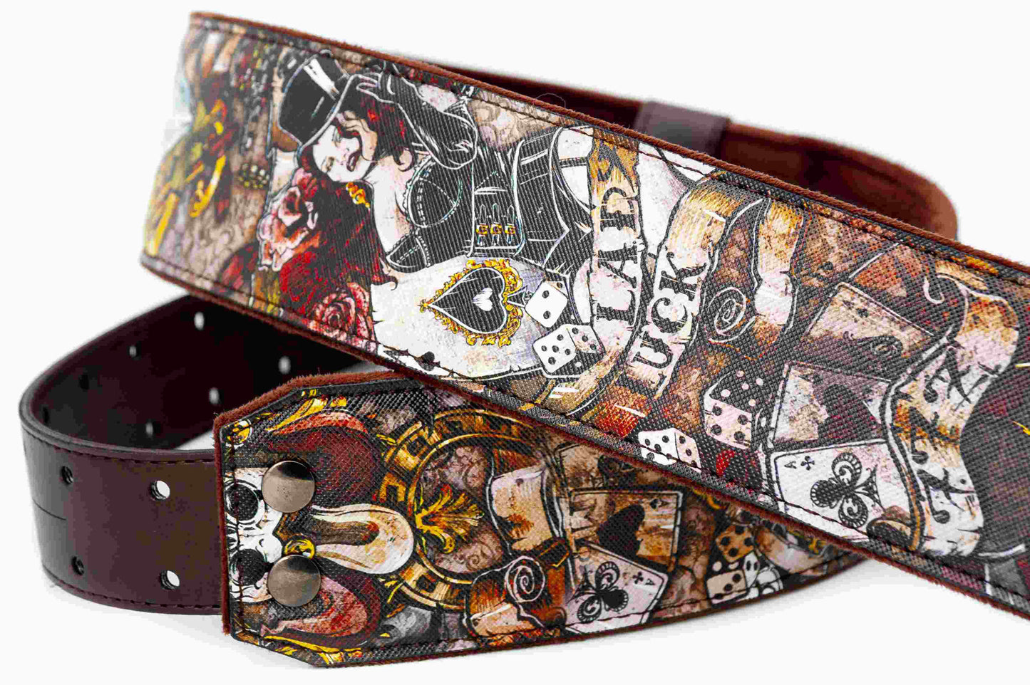 Courroie modèle LADY LUCK, extérieur tissu, largeur 6 cm, longueur 100 à 145 cm, porte-médiators intégré, brun