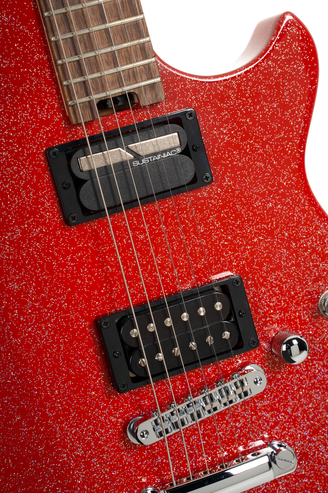 MBM-2H-SUS, signature Matt Bellamy, corps tilleul, manche érable, micros Manson & Sustainiac,"Kill" bouton, rouge pailleté