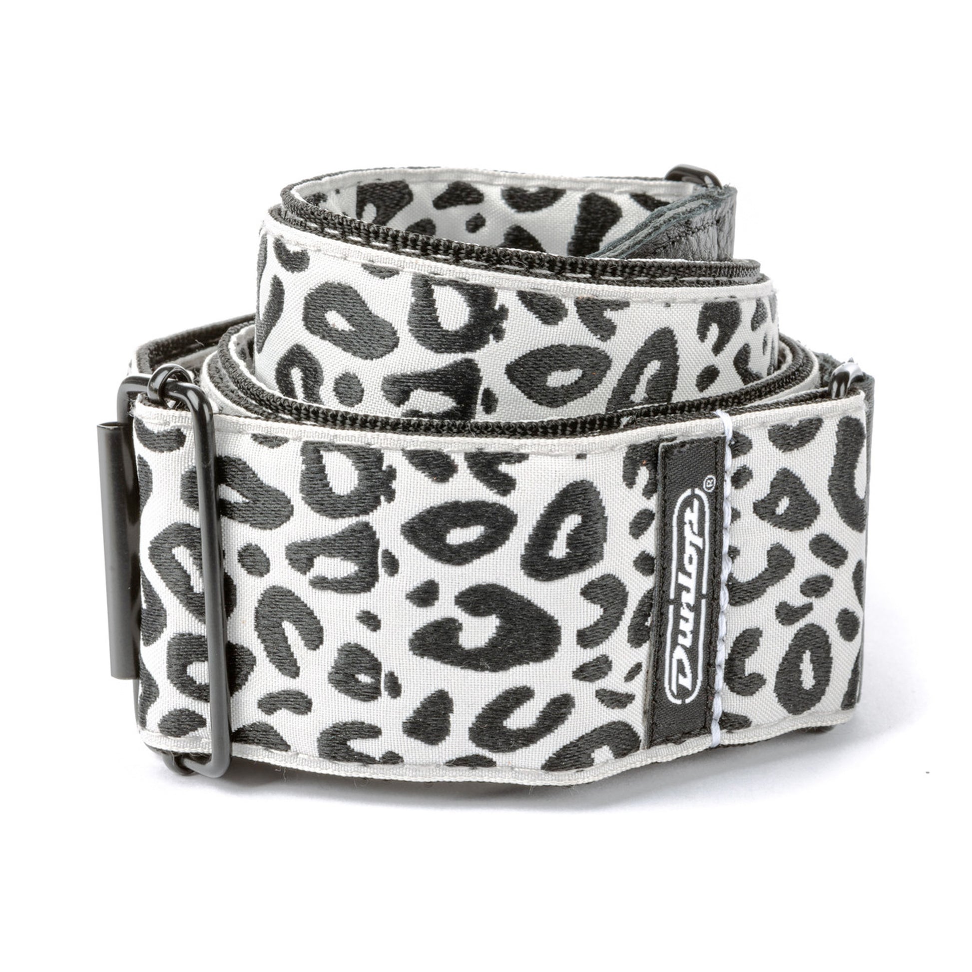 Courroie jacquard modèle ICE CAT, extrémités cuir, largeur 5 cm, noir et blanc