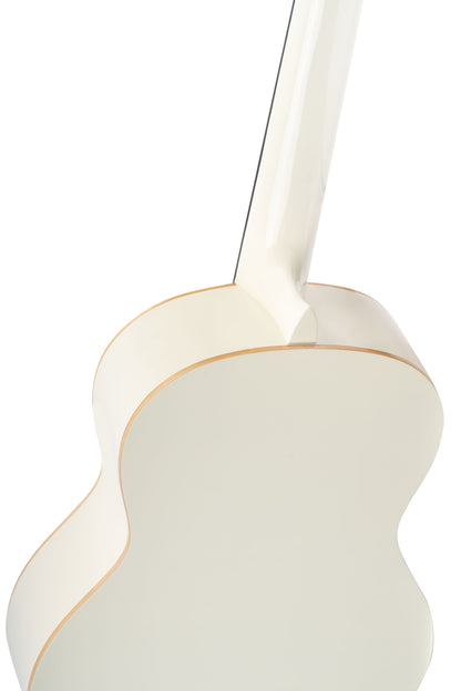 R121, table épicéa, fond & éclisses acajou, manche acajou (sillet 52 mm), housse, blanc brillant