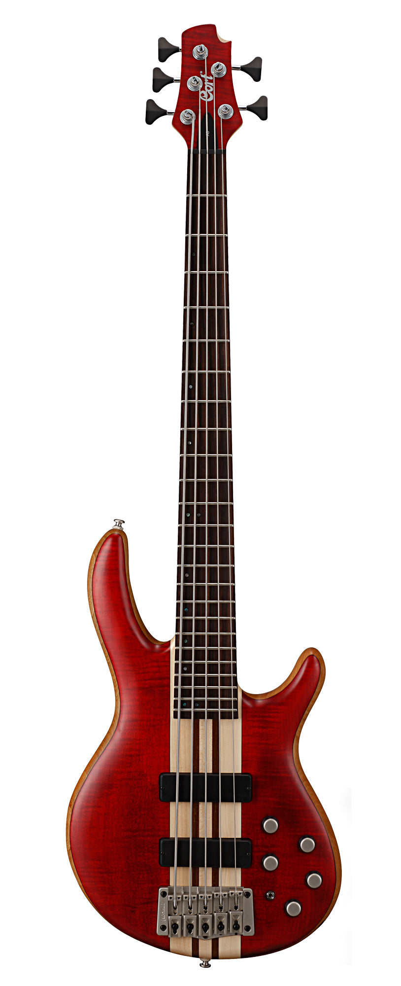 A5 Plus FMMH, table érable flammé, manche traversant 5 pièces érable/panga panga, micros et EQ Bartolini MK-1, bordeaux