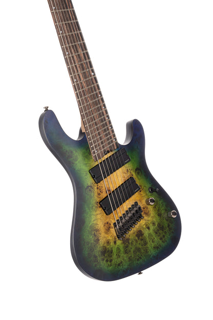 KX508MS2, 8 cordes, corps okoumé, table peuplier figuré, frettes en éventail, touche ébène, micros Fishman, mariana blue burst