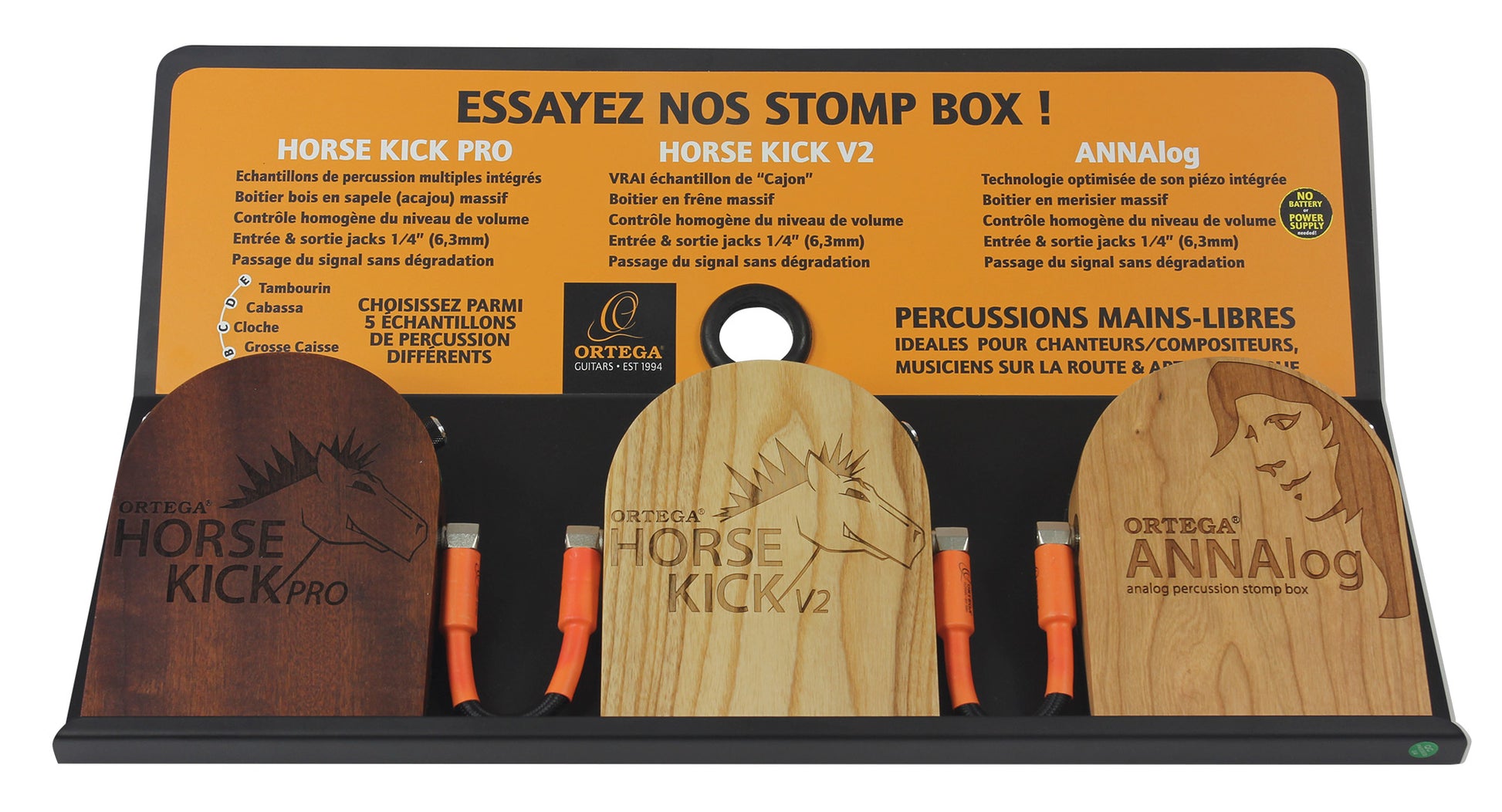Présentoir d'essai Stompbox ORTEGA (HORSE KICK PRO, HORSE KICK V2 et ANNAlog), livré avec alimentation 9V et câblage complet