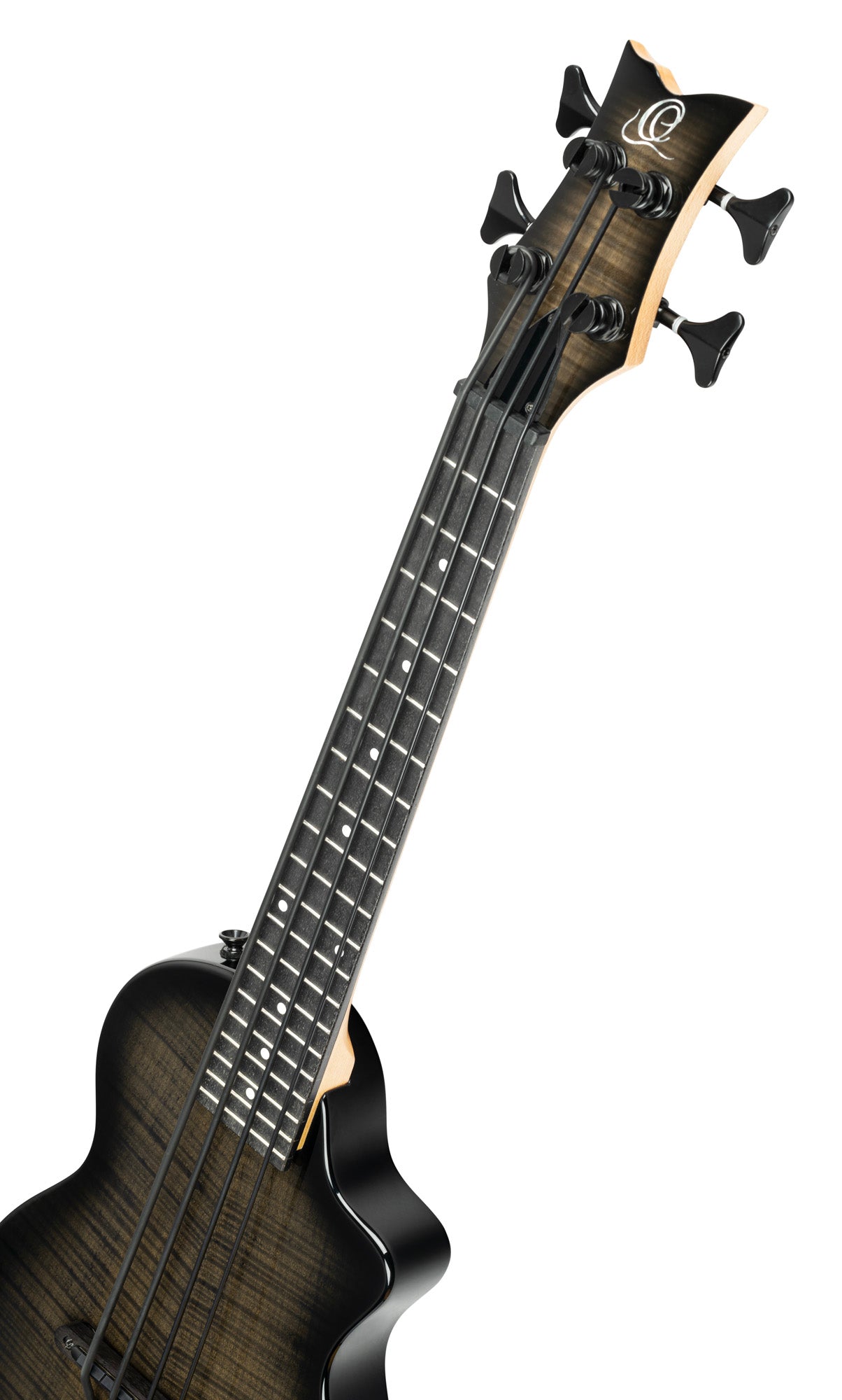 NEO-BS-TGB, modèle Ukebass, pan coupé, EQ MagusExpress, table érable flammé, corps okoumé, manche érable, housse, gris