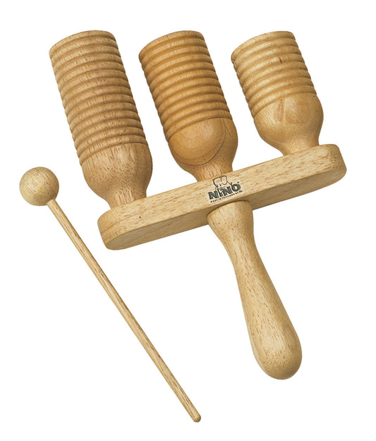 Jeu de 3 cloches à GO-GO en hévéa, avec mailloche en bois, naturel