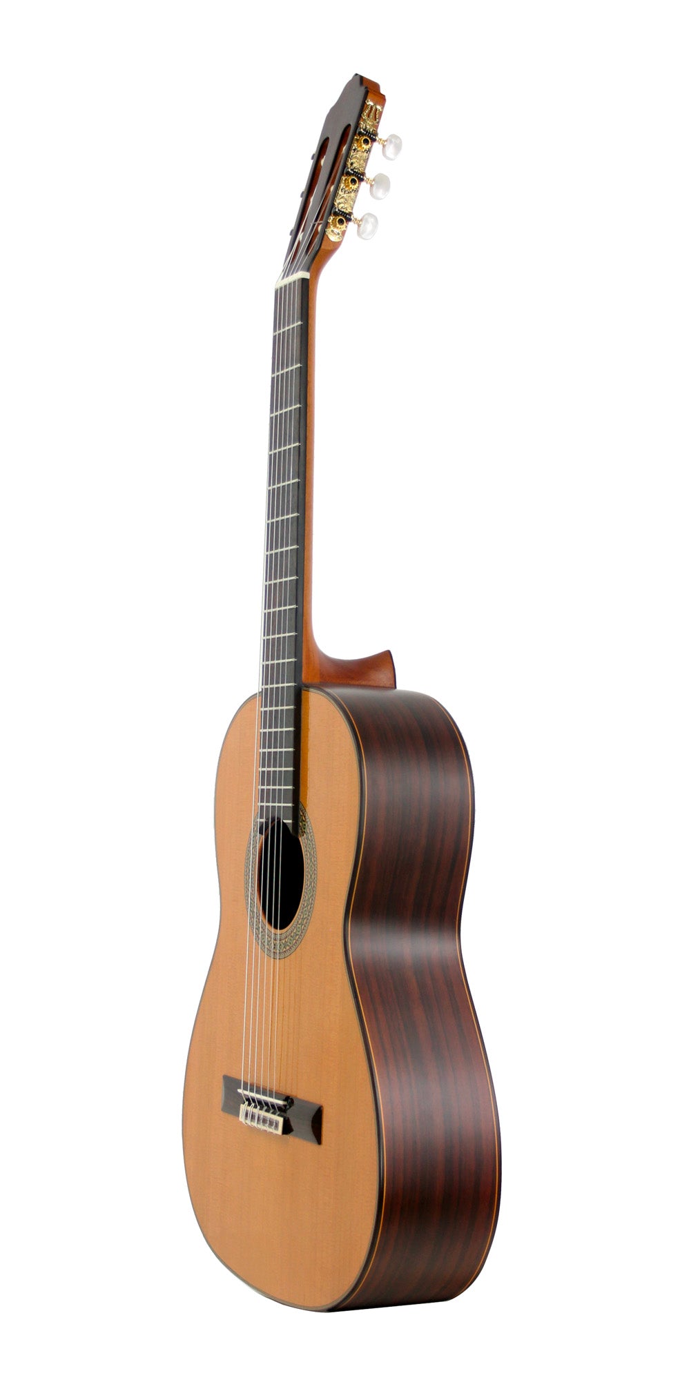 MOD.7, table cèdre massif, fond & éclisses palissandre, touche palissandre, satiné, table brillante