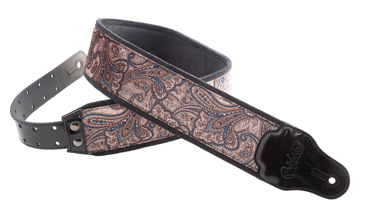 Courroie modèle J-PAISLEY, extérieur velours, largeur 7 cm, longueur 95 à 150 cm, porte-médiators intégré, brun