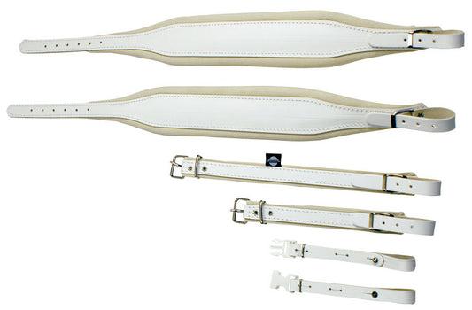 Cuir blanc, 120 basses, largeur 80 mm, rembourrée de mousse, avec attache dorsale