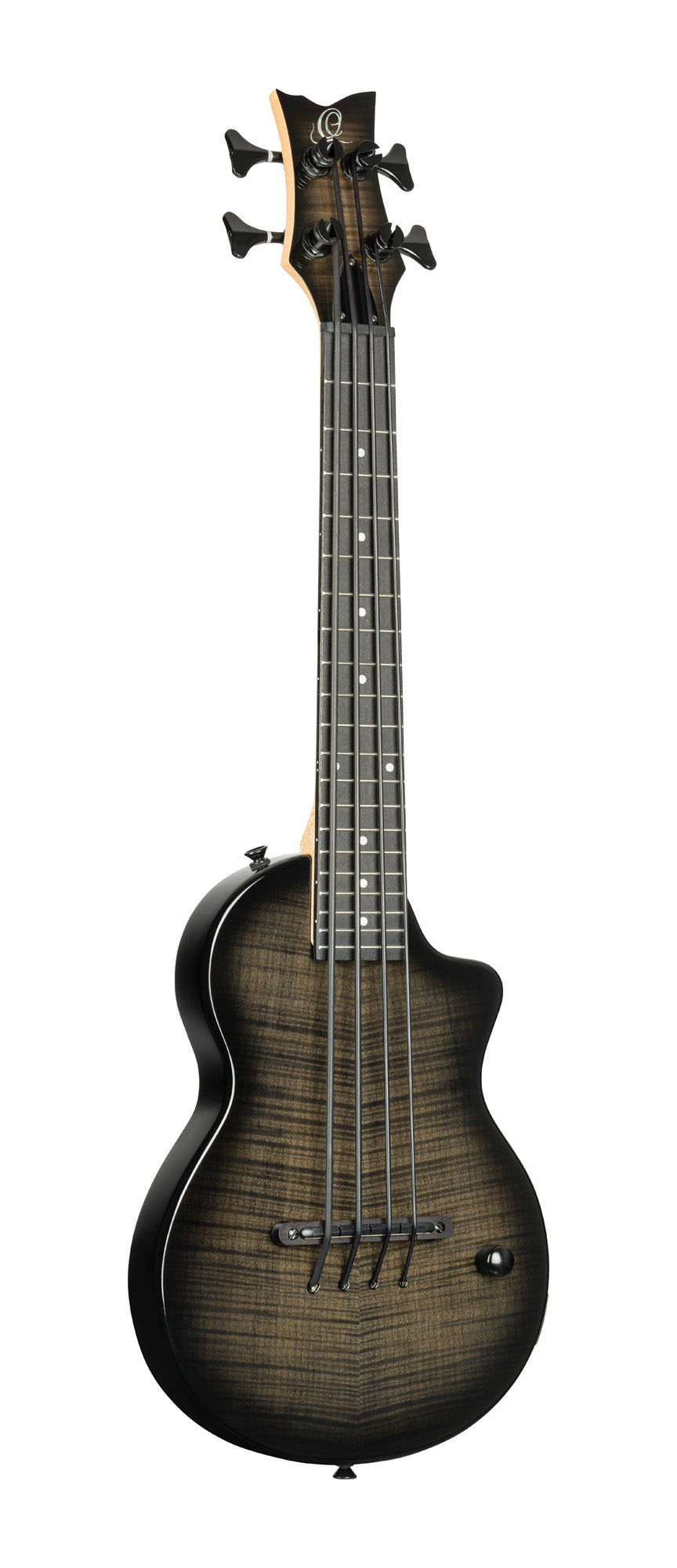 NEO-BS-TGB, modèle Ukebass, pan coupé, EQ MagusExpress, table érable flammé, corps okoumé, manche érable, housse, gris