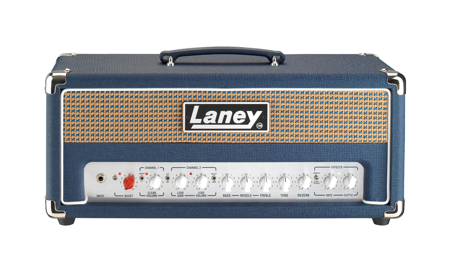 Tête guitare électrique 120W, 2 canaux, EQ 3 bandes, réverb, tremolo, chorus, boucle d'effet, 7 kg, bleu