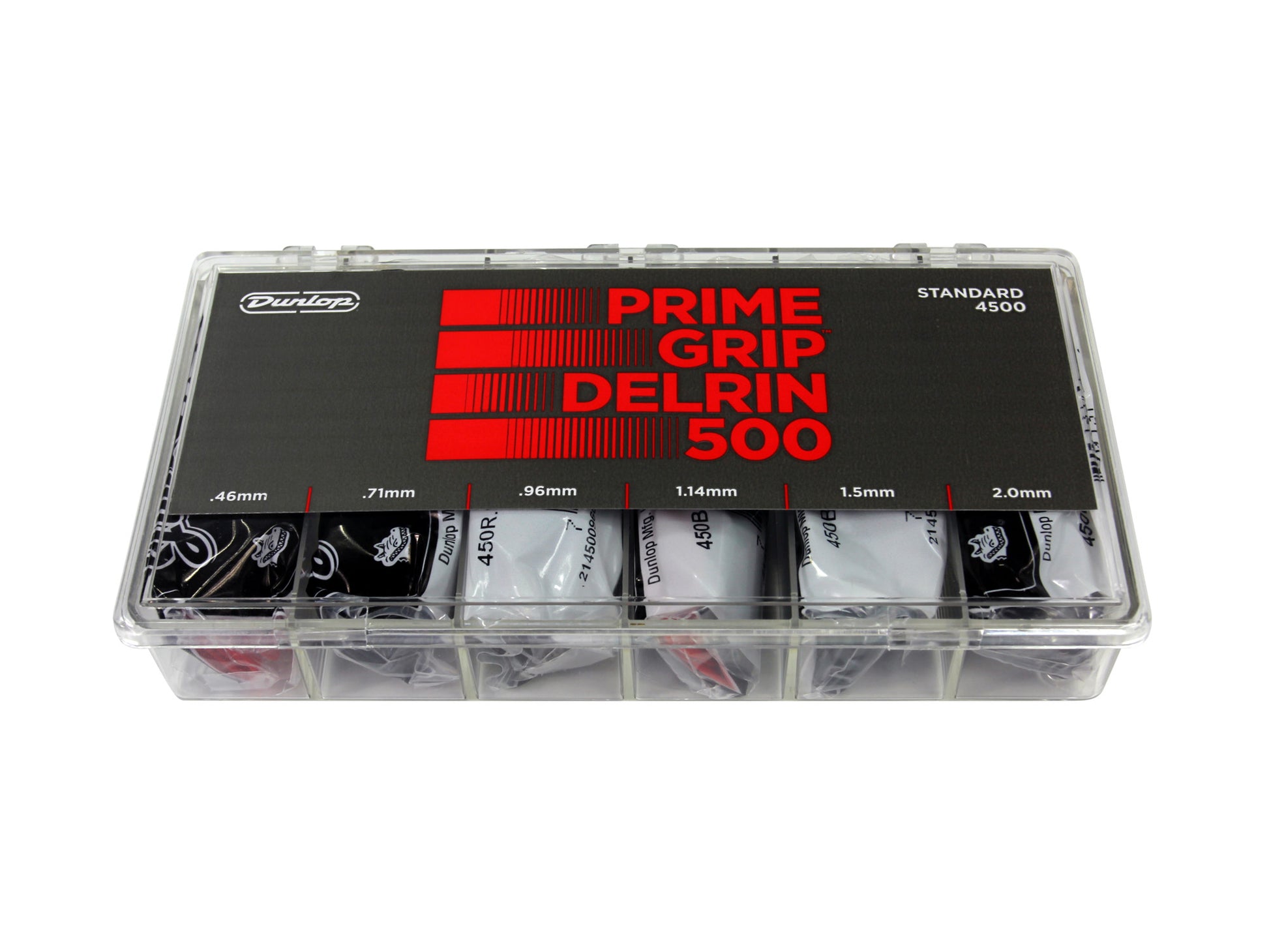 Boîte de 324 médiators Prime Grip DELRIN 500, 72 de chaque en 0.46, 0.71 et 0.96, 36 de chaque en 1.14, 1.5 et 2.0 mm