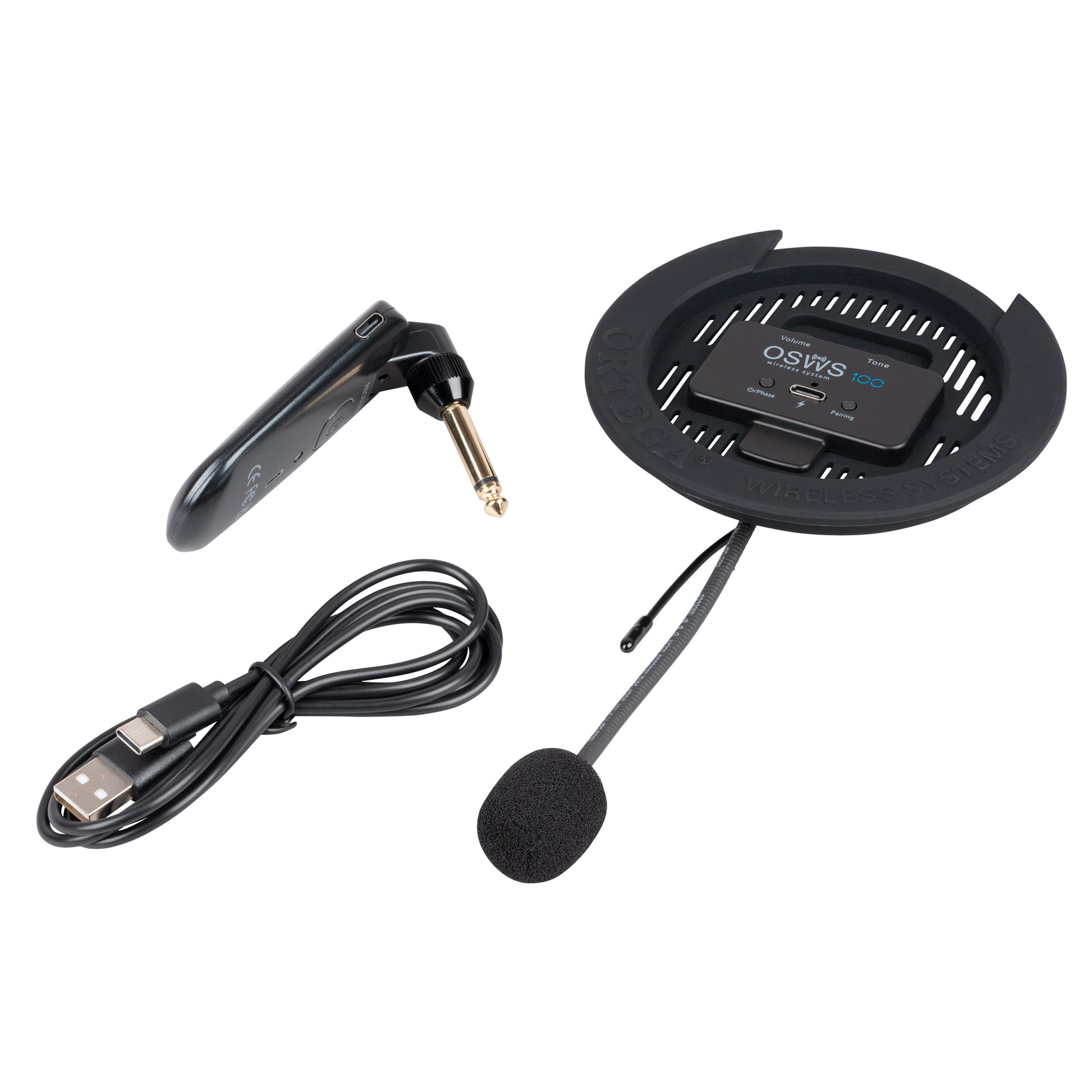 OSWS100, système de micro sans fil pour guitare acoustique (rosace 100 mm), micro col de cygne, avec récepteur sans-fil, noir