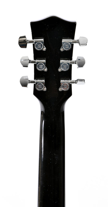 Modèle GJM-1E, Grand Jumbo, table épicéa massif, f/e acajou, touche micarta, EQ Fishman, noir pailleté