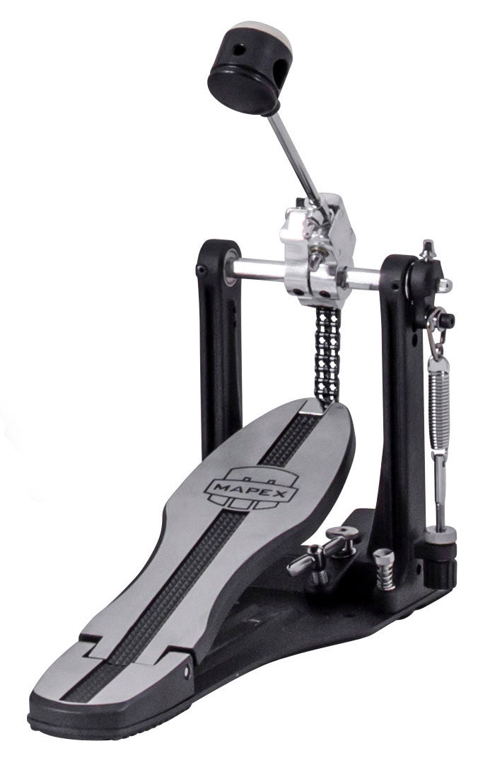 Pédale de grosse caisse, chaîne double, batte Falcon (sans contrepoids), pointes rétractables, plaque de sol allongée