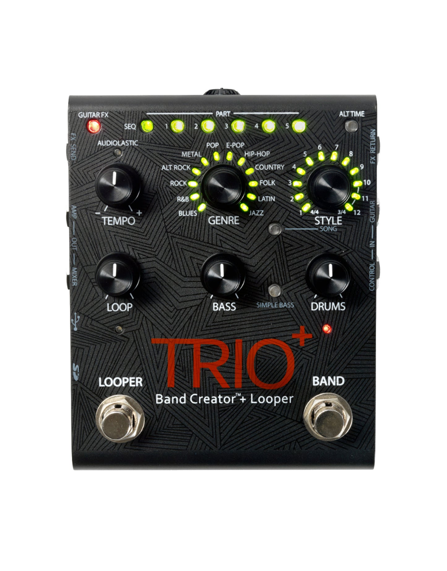 Pédale TRIO PLUS, Band Creator et looper, 12 genres musicaux avec 12 styles sélectionnables, avec carte SD et alimentation, noir