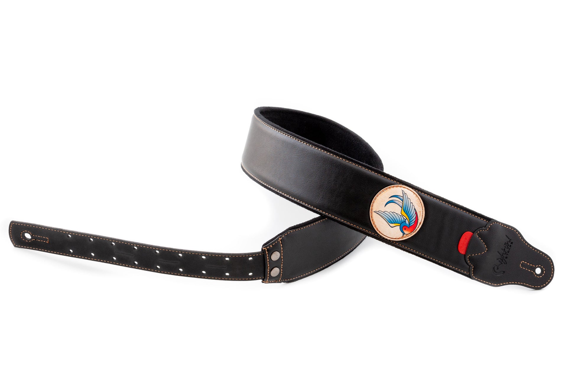 Courroie modèle TATOO SWALLOW, extérieur synthétique, largeur 7 cm, longueur 98 à 153 cm, porte-médiators intégré, noir