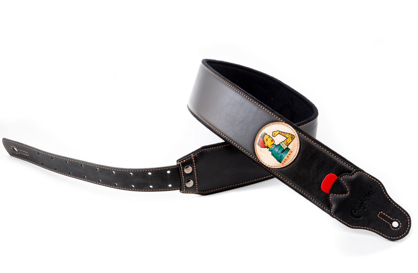 Courroie modèle TATOO PIN-UP, extérieur synthétique, largeur 7 cm, longueur 98 à 153 cm, porte-médiators intégré, noir