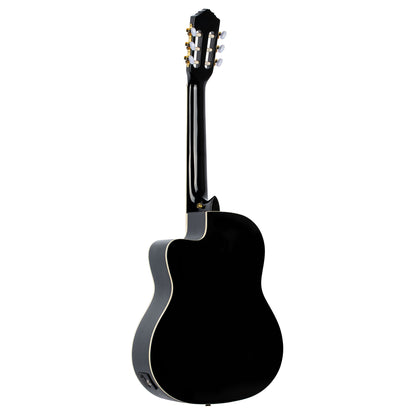 RCE141, pan coupé, EQ Ortega MagusPro, table épicéa massif, manche acajou (52 mm), noir brillant