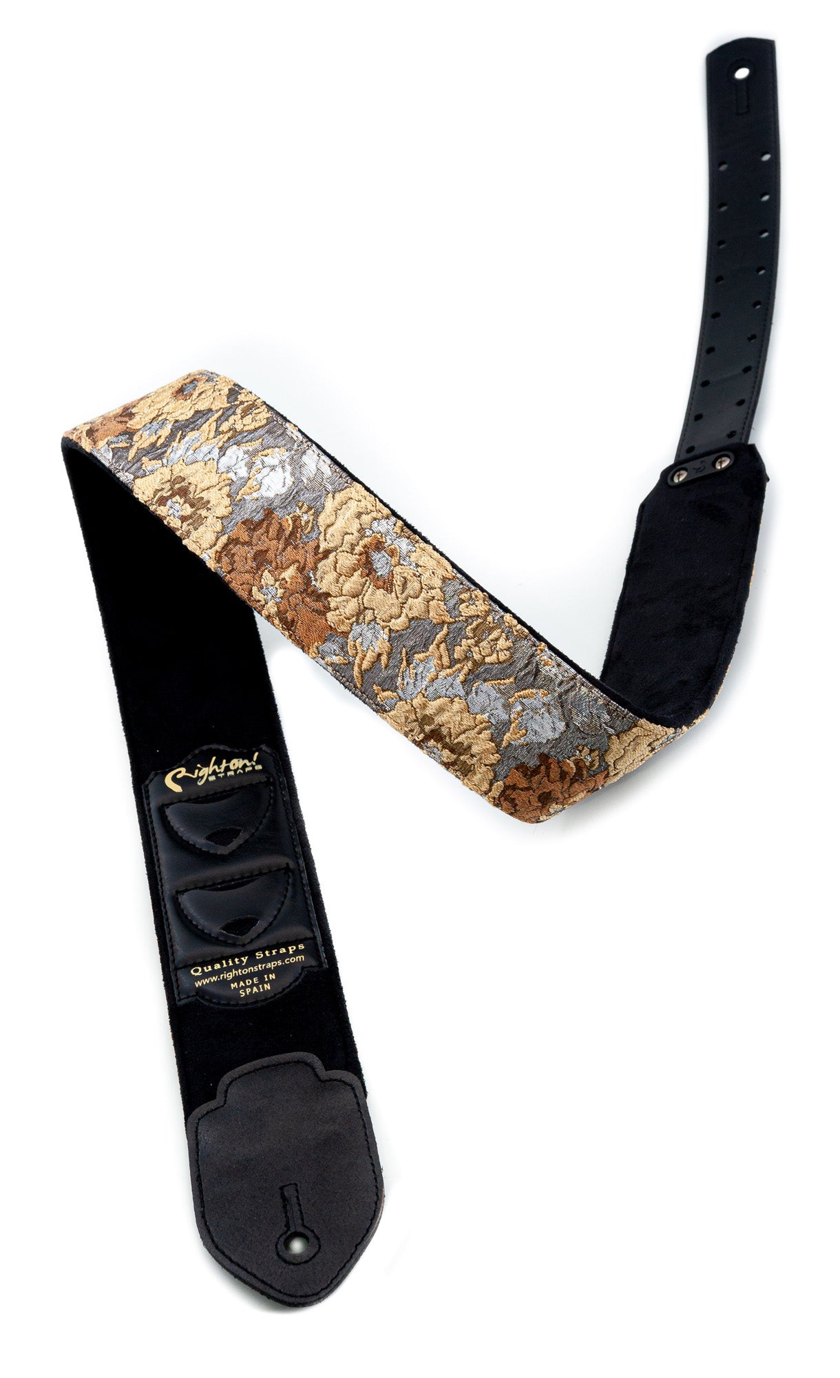 Courroie modèle GOLD & ROSES, extérieur synthétique et tissu, largeur 7 cm, longueur 95 à 150 cm, porte-médiators, beige