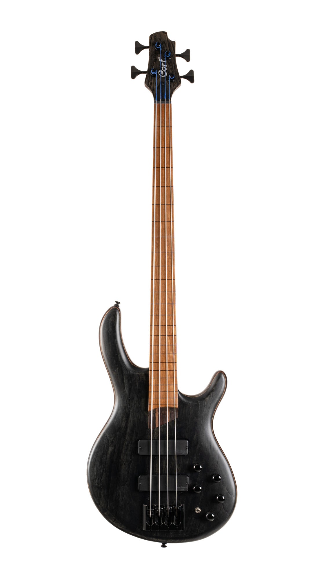 B4 Element FL, fretless, corps acajou, table frêne, touche érable torréfié, micros & préampli Bartolini MK-1, noir pores ouverts