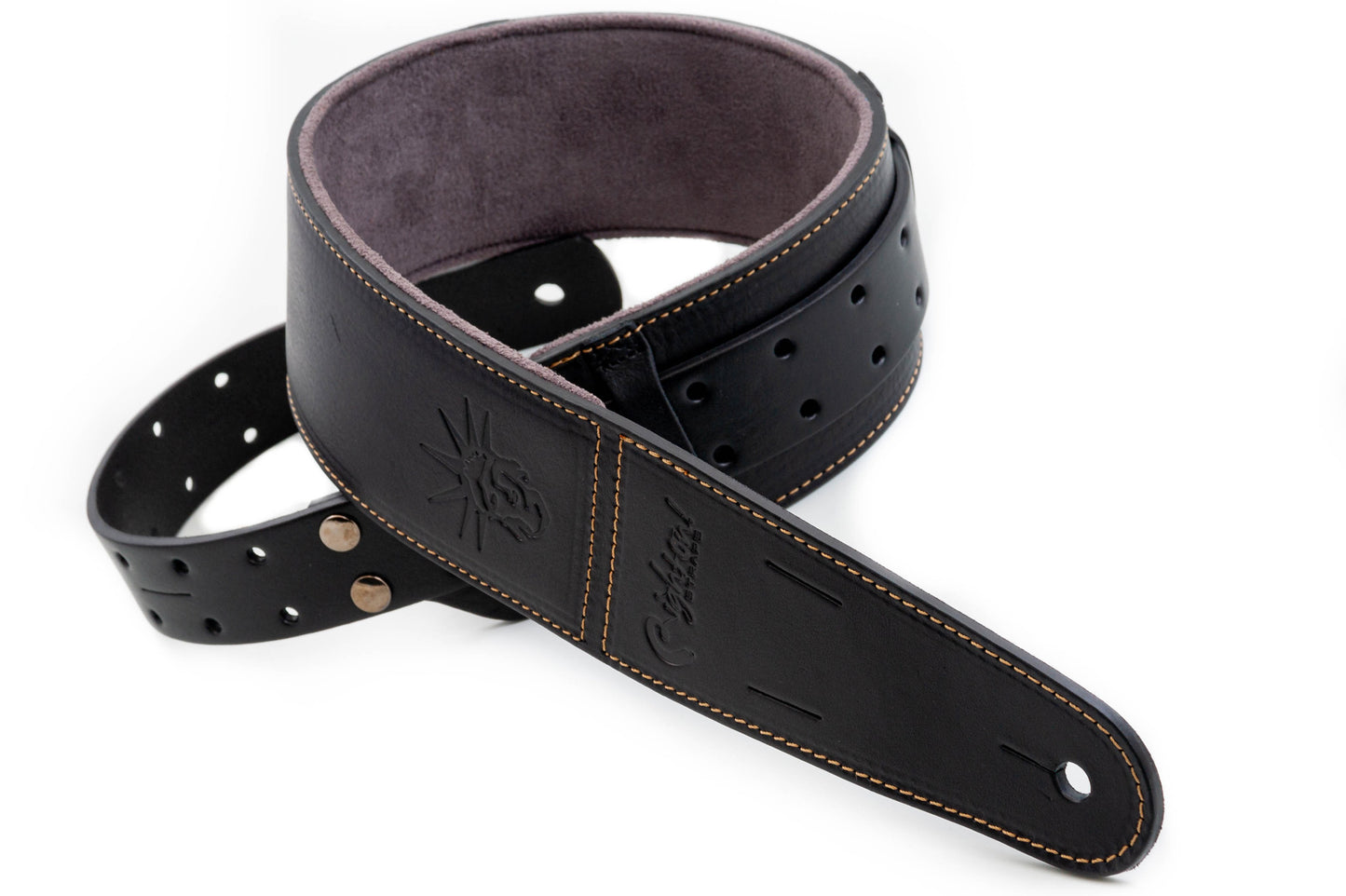 Courroie modèle BACKBEAT LIBERTY, extérieur cuir, largeur 6 cm, longueur 95 à 150 cm, porte-médiators intégré, noir