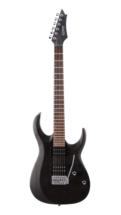 X100, corps meranti, manche érable, touche jatoba, trémolo 6 points, 2 doubles Powersound, noir pores ouverts