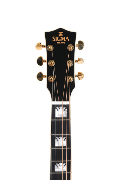 Modèle GJA-SG200L, Grand Jumbo, table épicéa massif, f/e érable flammé, touche micarta, EQ Fishman, soft case, sunburst, gaucher