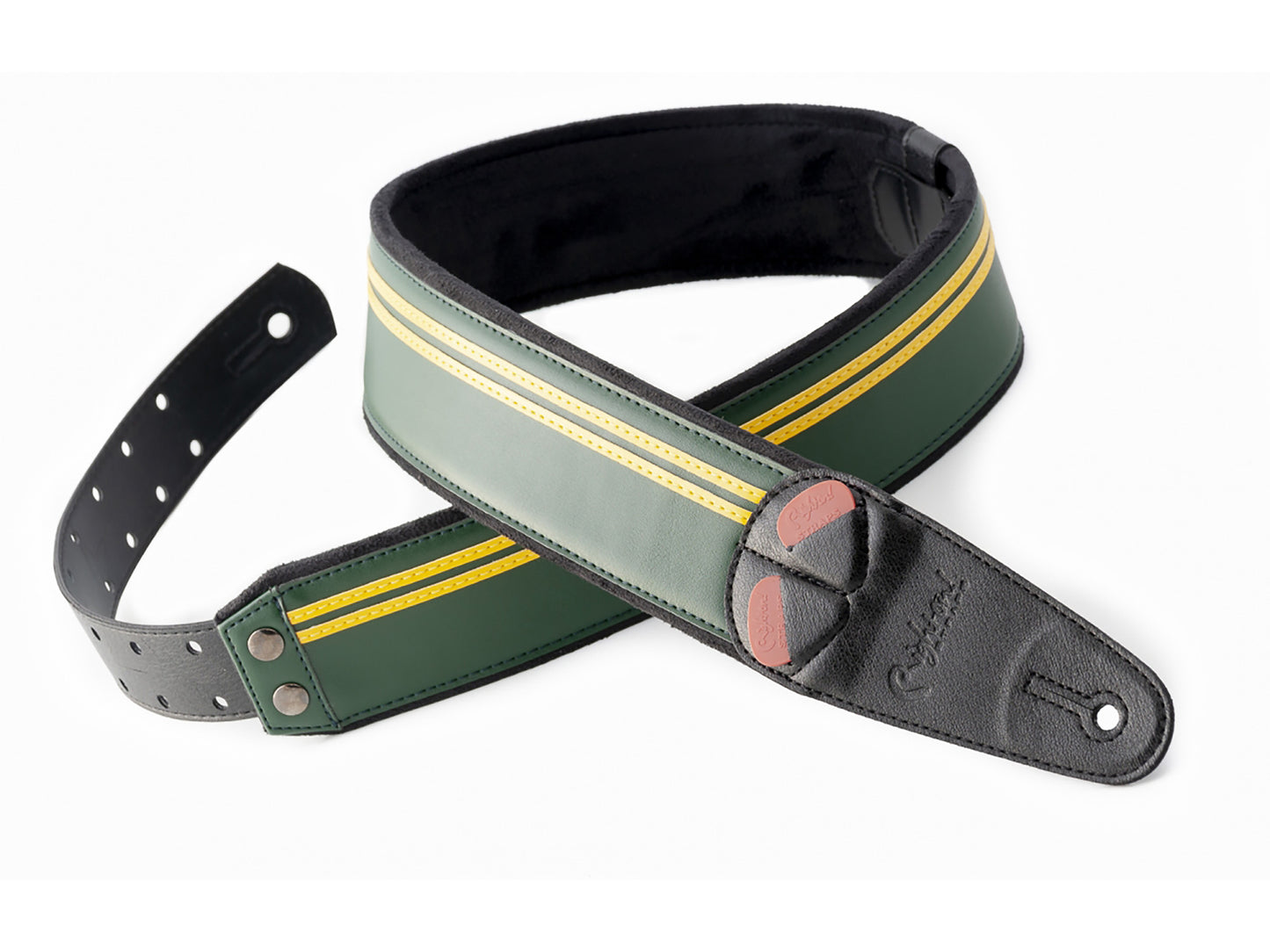 Courroie modèle RACE, extérieur synthétique, largeur 6 cm, longueur 100 à 145 cm, porte-médiators intégré, british racing green
