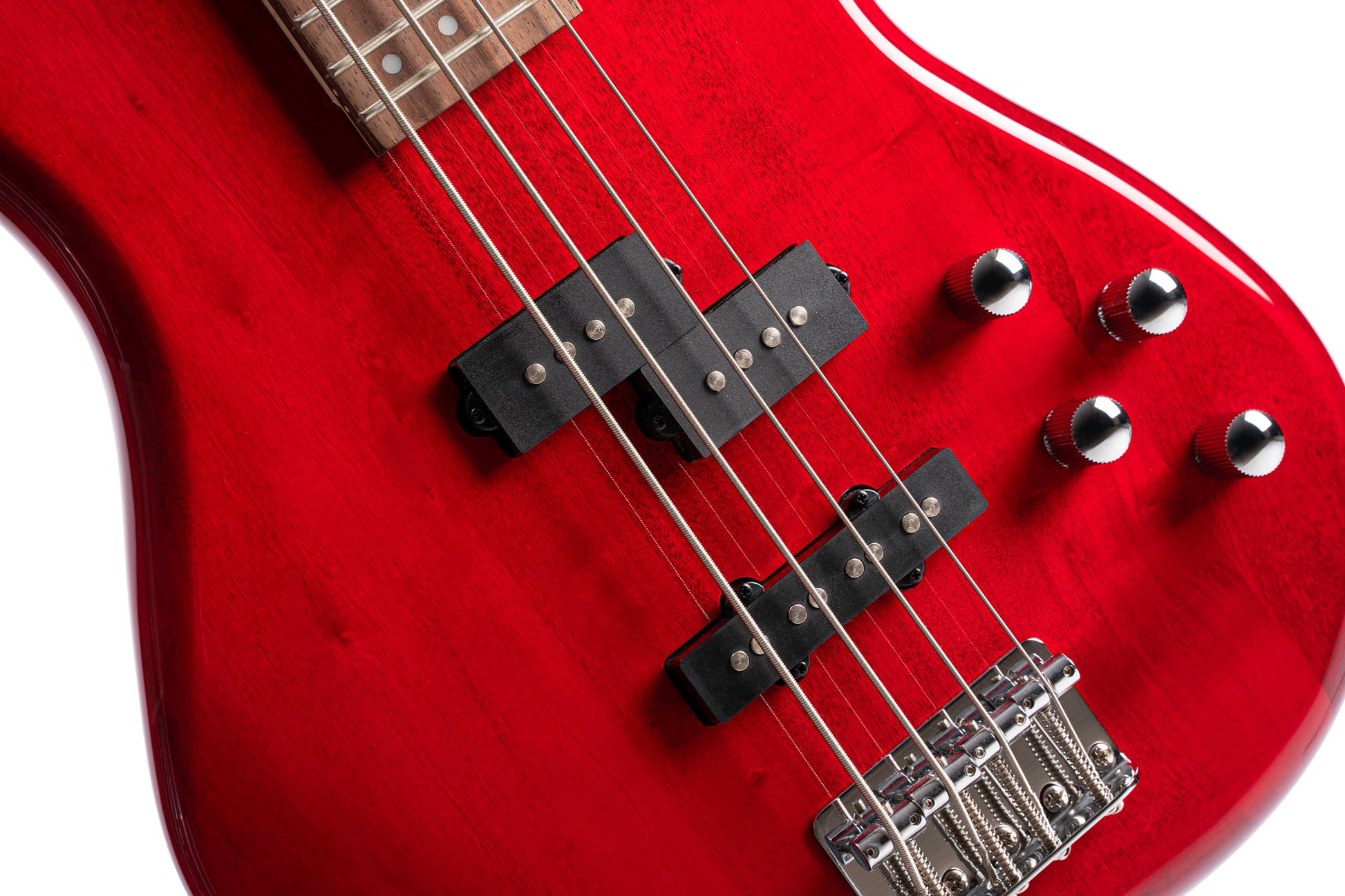 Action Plus, 4 cordes, corps peuplier, micros PJ Powersound, EQ active 2 bandes, rouge translucide