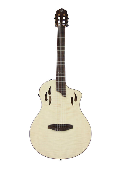 RTPFE-1, modèle TourPlayer, EQ Magus X, corps okoumé, table érable flammé, sillet 48 mm, housse, naturel brillant