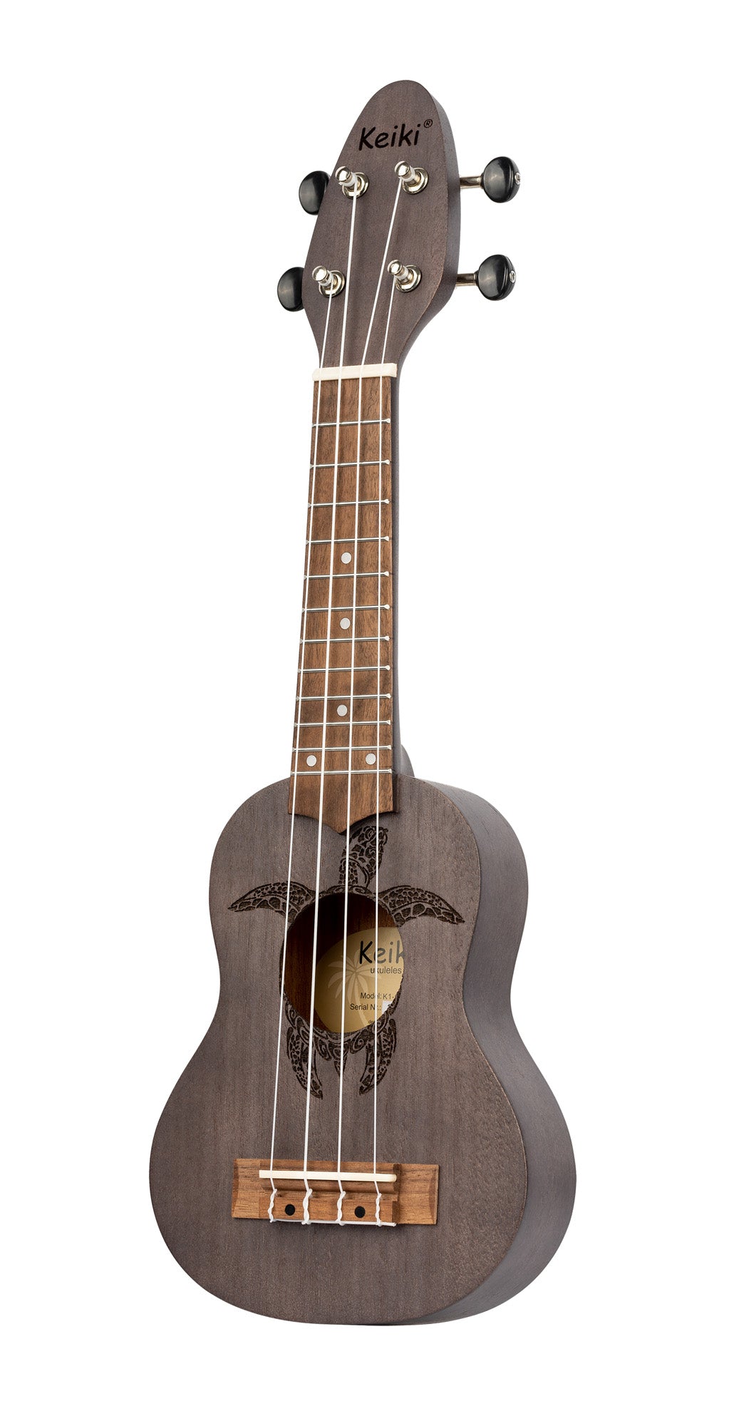 K1-CO, ukulélé Sopranino, table okoumé avec motif tortue, fond & éclisses okoumé, manche okoumé, charbon pores ouverts