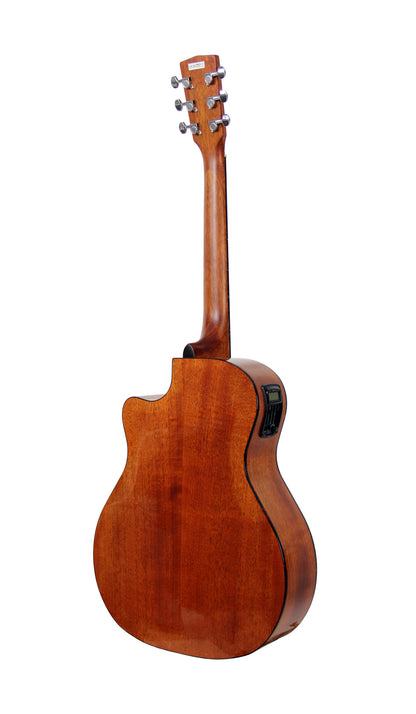 GA-MEDX, table épicéa massif, f/e acajou, manche acajou, touche & chevalet merbau, EQ Cort CE306T, naturel brillant