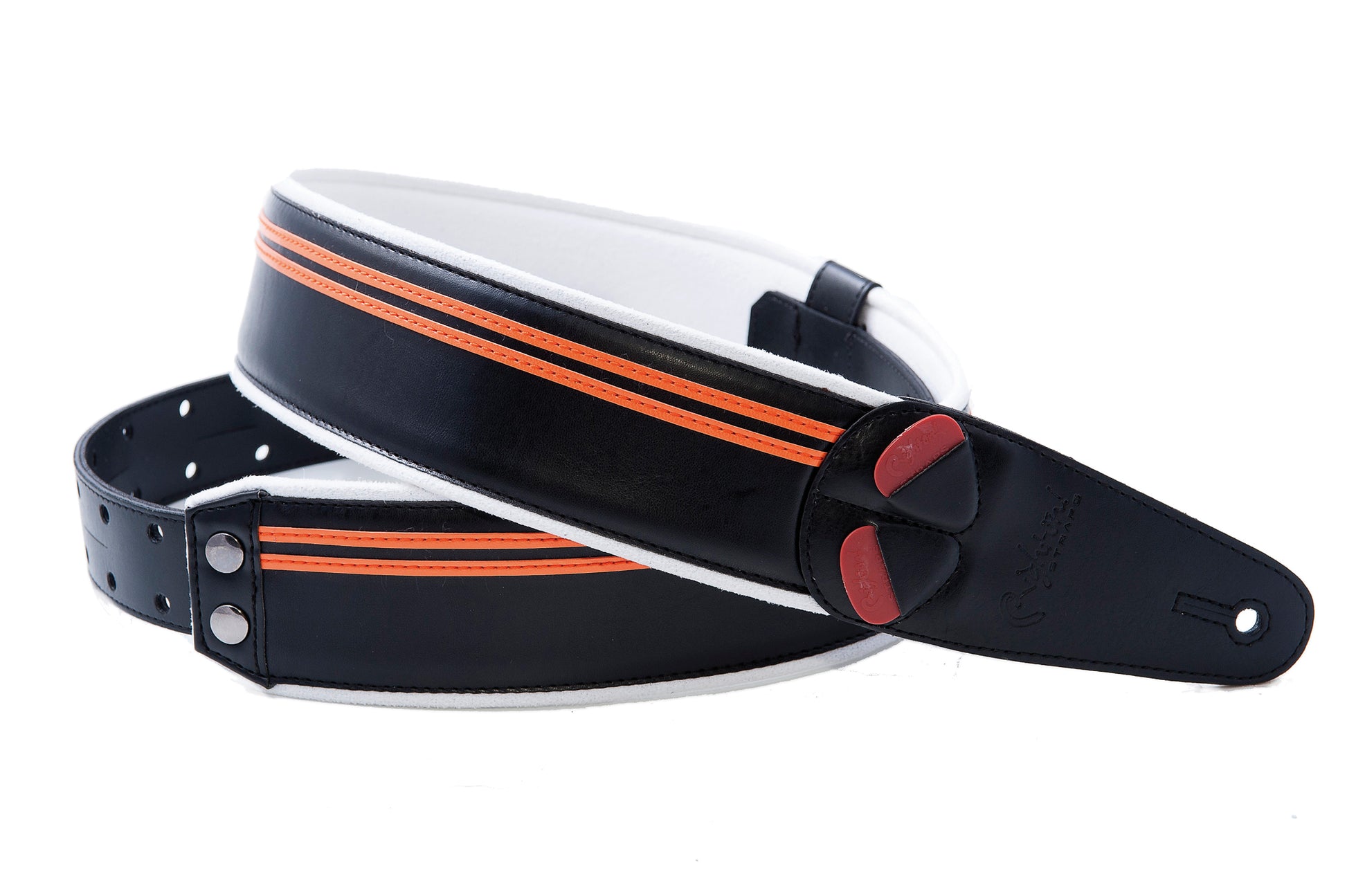 Courroie modèle RACE, extérieur synthétique, largeur 6 cm, longueur 100 à 145 cm, porte-médiators intégré, noir et orange