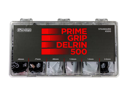 Boîte de 324 médiators Prime Grip DELRIN 500, 72 de chaque en 0.46, 0.71 et 0.96, 36 de chaque en 1.14, 1.5 et 2.0 mm