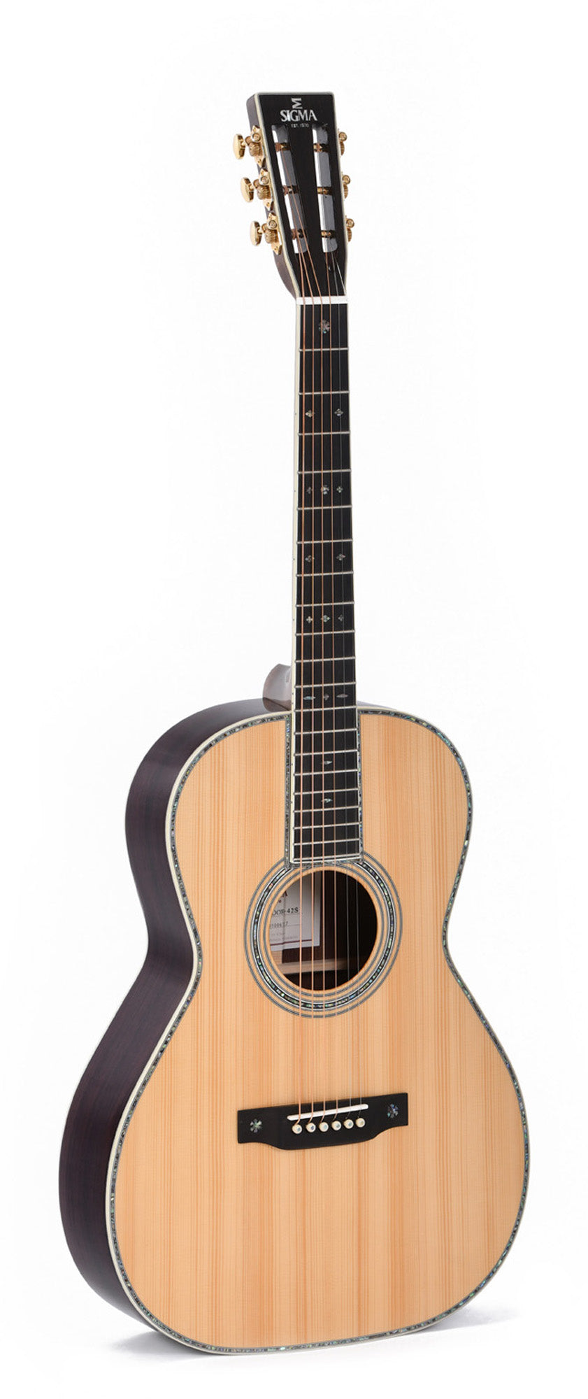 Modèle S000R-42S, série Custom, Forme 000, table épicéa massif, f/e palissandre massif, touche ébène, soft case, nat. brilant