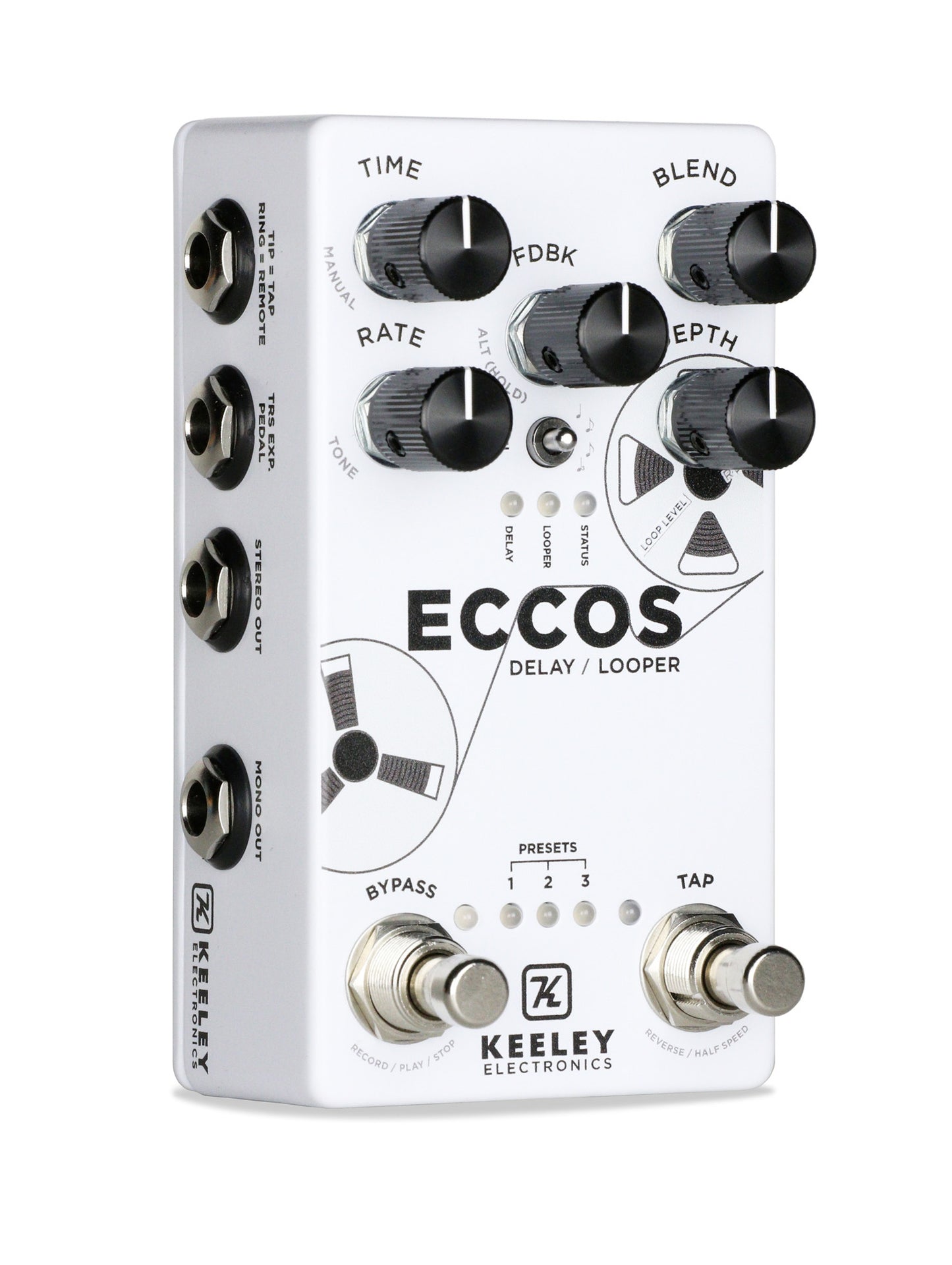 Pédale ECCOS, délai vintage et looper stéréo, 3 presets, tap tempo, entrée pour pédale d'expression, boitier métal, blanc