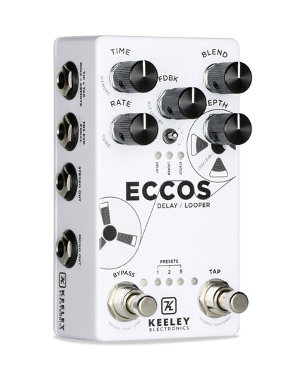 Pédale ECCOS, délai vintage et looper stéréo, 3 presets, tap tempo, entrée pour pédale d'expression, boitier métal, blanc