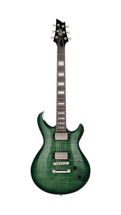 M600, corps acajou, placage érable flammé, manche collé acajou, 2 micros doubles Cort Voiced Tone VTH-59, trans green burst
