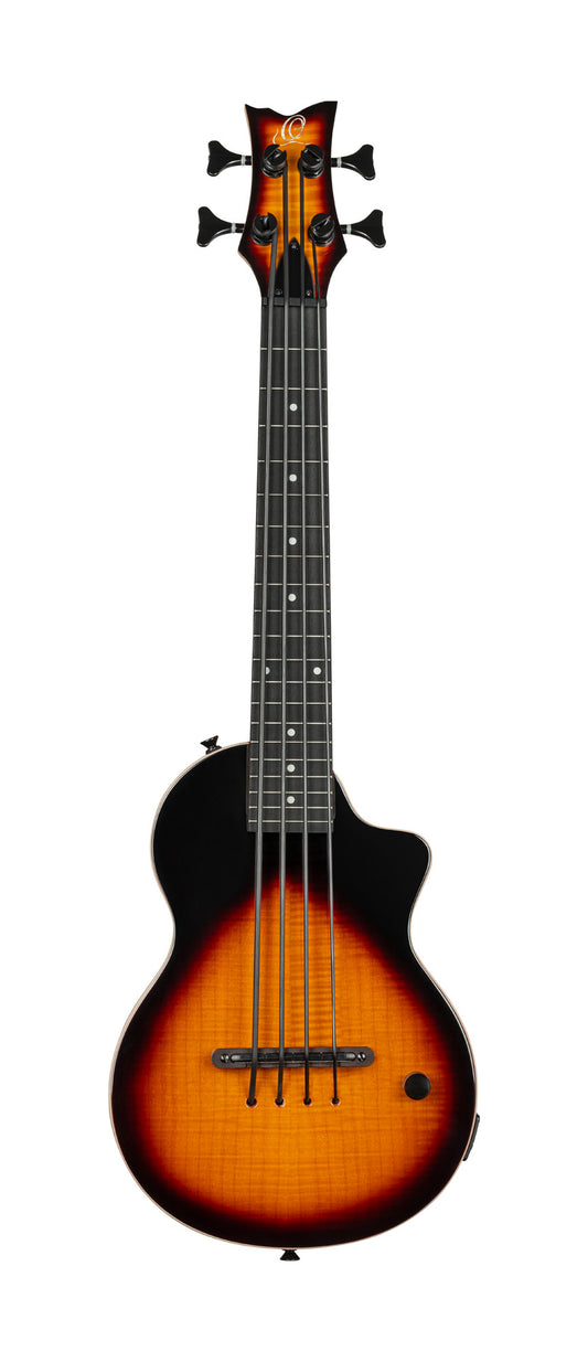 NEO-BS-TSB, modèle Ukebass, pan coupé, EQ MagusExpress, table érable flammé, corps okoumé, manche érable, housse, tobacco burst