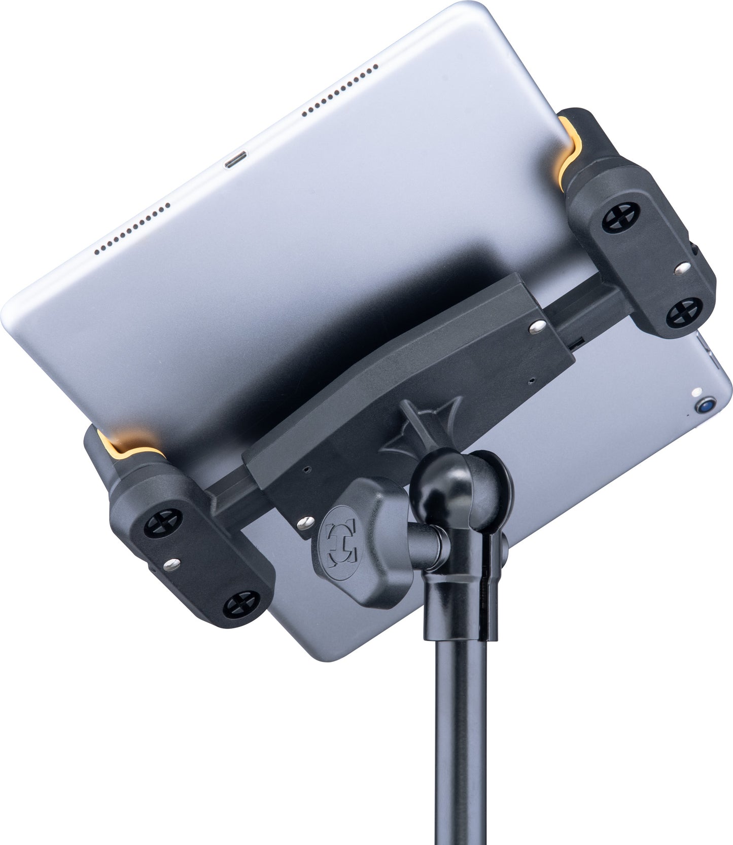 Pied pour tablette et smartphone 6,1" à 13", hauteur réglable 108 à 178 cm, rotation 360°, noir et jaune