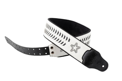 Courroie modèle PAUL TURNER SIGNATURE, extérieur synthétique, largeur 7 cm, longueur 95 à 150 cm, porte-médiators intégré, blanc