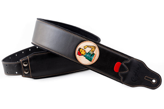 Courroie modèle TATOO PIN-UP, extérieur synthétique, largeur 7 cm, longueur 98 à 153 cm, porte-médiators intégré, noir