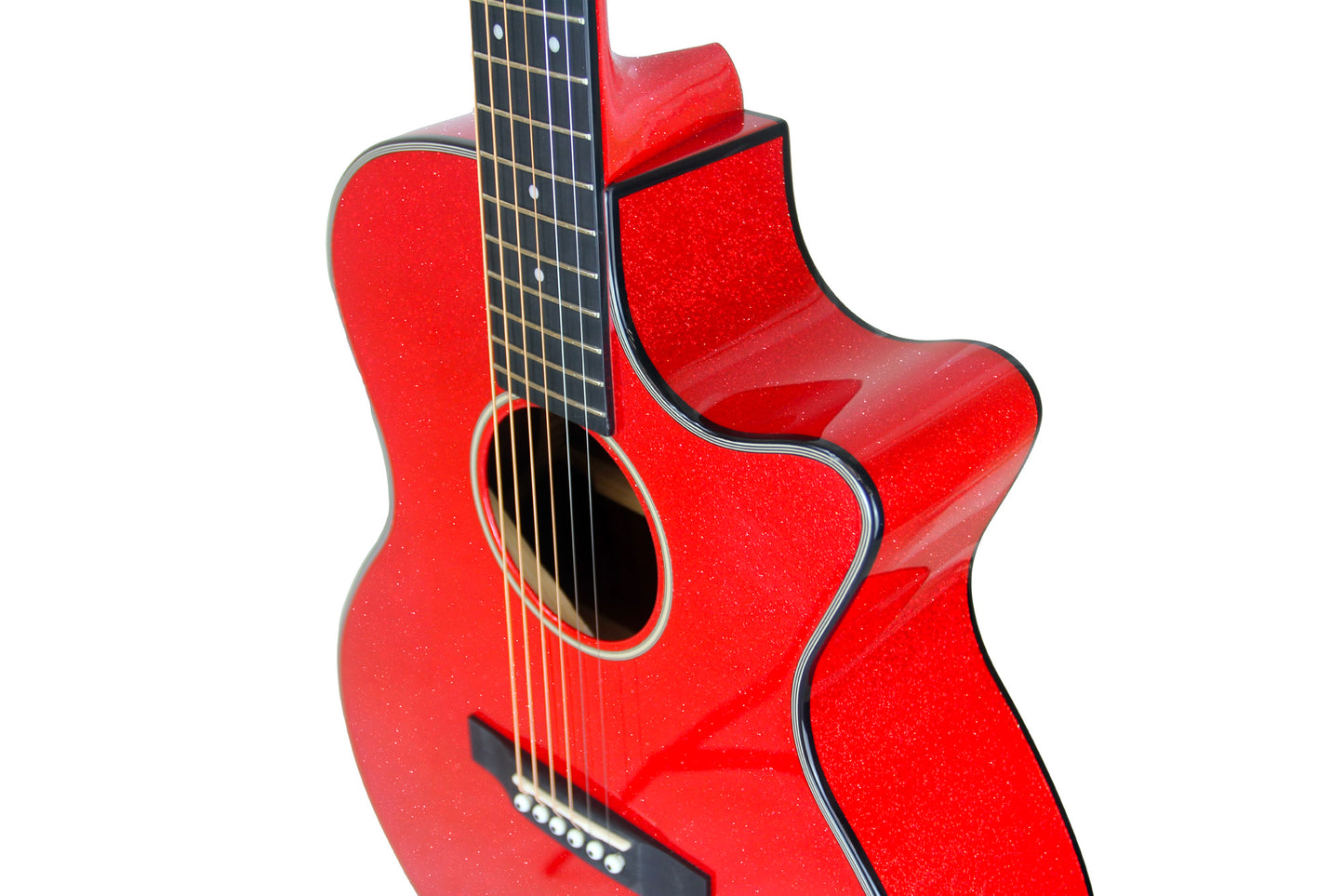 Modèle GMC-1E, Grand OM pan coupé, table épicéa massif, f/e acajou, touche micarta, EQ Fishman, rouge pailleté