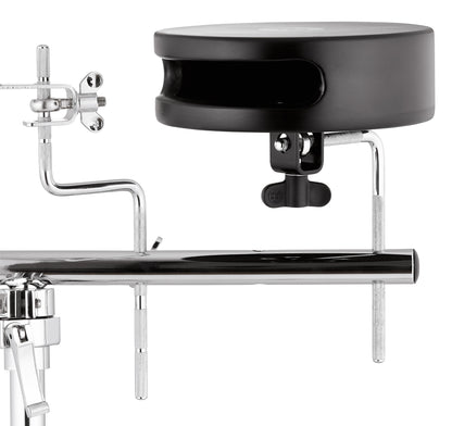 Cajon caisse claire en hévéa, montable sur pied standard, Ø 19cm, timbre interne, son sec, inclus bar de montage en L 3/8", noir