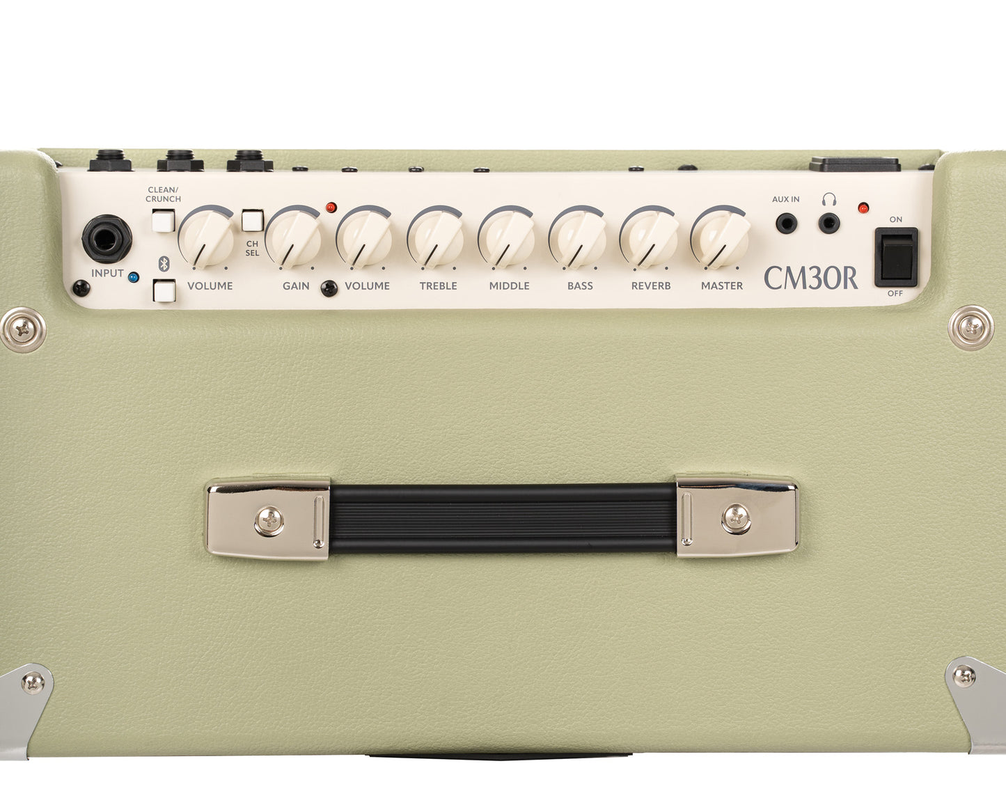 Ampli guitare 30W, 1x 10", 2 canaux, égaliseur 3 bandes, réverb, entrée Bluetooth, entrée CD/MP3 mini-Jack, vert pale